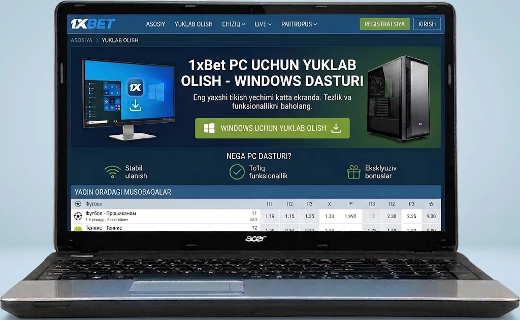 1xBet bukmekerlik kompaniyasining Windows uchun mo‘ljallangan 1xWin kompyuter dasturi interfeysi.