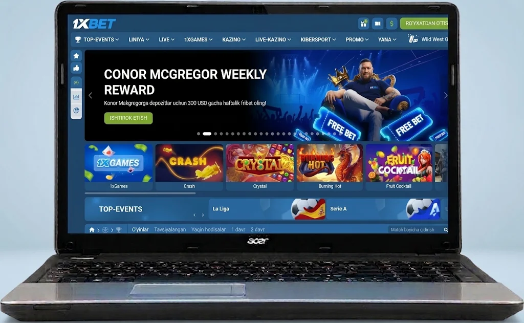 Windows uchun 1xBet ilovasidagi asosiy ekran va garovlar ro‘yxati